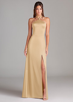 Azazie Elliana Bridesmaid Dresses Gold A-Line Side Slit Stretch Satin Dress image5