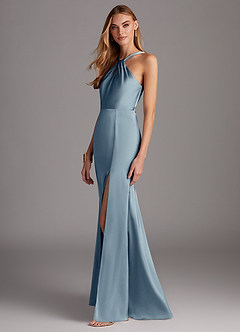 Azazie Elana Bridesmaid Dresses Dusty Blue Sheath Side Slit Stretch Satin Dress image3