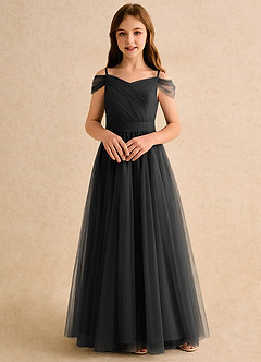 Azazie Yuna Girls Formal Robe Demoiselle D'honneur Fillette Robe Trapèze en Tulle Épaule décolletée Noir image4