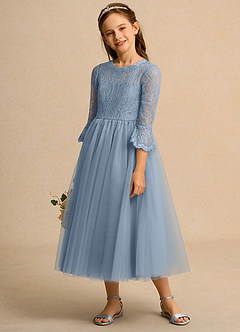 Azazie Lamb Girl Jurken voor bloemenmeisjes Baljurk Jurk van Kant Stoffig Blauw image3