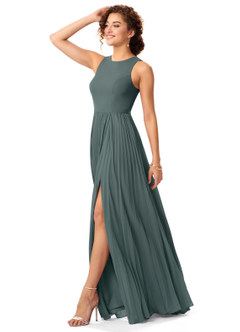 Azazie Lindie Final Sale Pewter A-Line Scoop Pleated Chiffon Dress image15