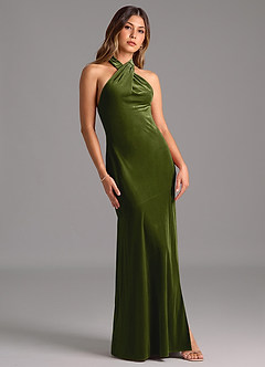 Azazie Drita Bridesmaid Dresses Olive A-Line Pleated Velvet Dress image5