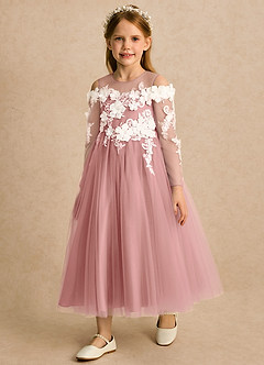 Azazie Lilah vestidos de niña de las flores Vestido Rosa Polvorienta de Tul de Línea A con Encaje image5
