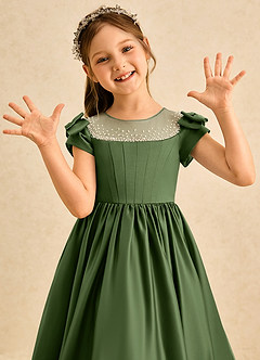 Azazie Toffee Abiti da Ragazza di Fiori Abito Stile Principessa in Raso Opaco Fiocco Oliva image6