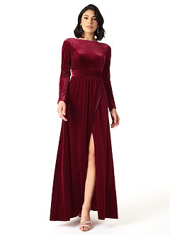 Azazie Brynn At-home Try On Dresses Burgundy A-Line Long Sleeve Velvet Dress image1
