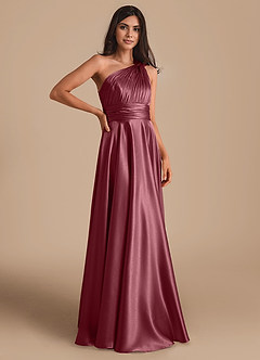 Azazie Charlize Bridesmaid Dresses Desert Rose A-Line One Shoulder Metallic Satin Dress image3