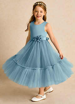 Azazie Miracle Robe Demoiselle D'honneur Fillette Robe Trapèze en Mat Satiné Arc Bleu Maussade image4