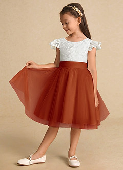Azazie Vetty Flower Girl Dresses Ivory Paprika A-Line Lace Tulle Dress image4