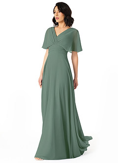 Azazie Pamela Bridesmaid Dresses Eucalyptus A-Line V-Neck Pleated Chiffon Dress image3