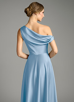 Azazie Xanthe Bridesmaid Dresses Powder Blue A-Line Off the Shoulder Stretch Satin Dress image6