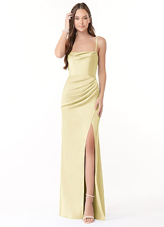 Azazie Leonis Jurken voor bruidsmeisjes Converteerbaar Jurk van Stretch Satijn met Zeemeermin Geplooid Citroensorbet image1