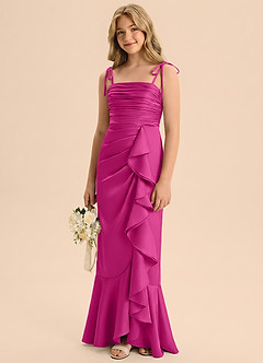 Azazie Ryan Junior Vestido de Fucsia de Satén Elástico de Corte Recto con Lazo image4