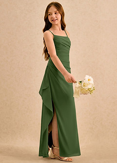 Azazie Cannoli Girls Formal Robe Demoiselle D'honneur Fillette Robe Trapèze en Mousseline de soie Plissé Olive image4