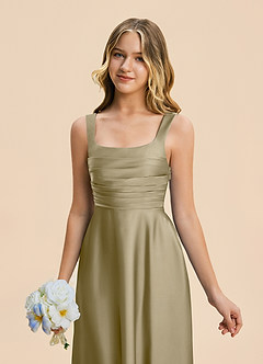 Azazie Azaria Junior A-Linie Plissee Stretch-Satin Kleid Moosgrün image7