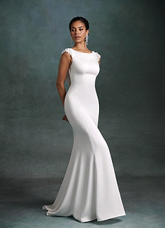 Azazie Oaklynn Wedding Dresses Diamond White Mermaid Boatneck Crepe Back Satin Dress image3