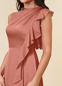 Azazie Narine Abiti per la Madre della Sposa Abito A-Line in Raso Elasticizzato Scollo alto plissettato Salmone Rosa image4