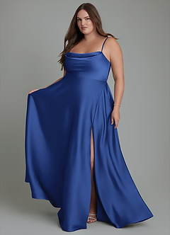 Azazie Elle Bridesmaid Dresses Royal Blue A-Line Pleated Stretch Satin Dress image8