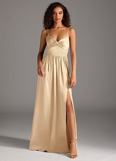 Azazie Zeya Bridesmaid Dresses Champagne A-Line Pleated Stretch Satin Dress image2