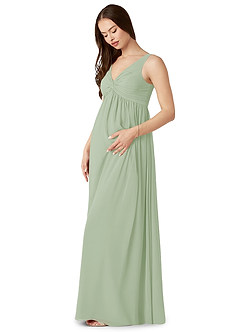 Azazie Yetta vestidos de dama de honor de maternidad Vestido de Corte En A Cuello en V fruncido Hasta el suelo Gasa image4