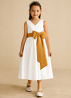 Azazie Darling Flower Girl Dresses Ivory Butterscotch A-Line Bow Cotton Dress image4
