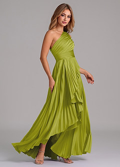 Azazie Lyrica Bridesmaid Dresses Lemongrass A-Line One Shoulder Stretch Satin Dress image3