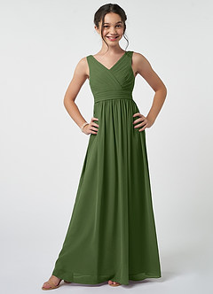 Azazie Kora Junior Olive A-Line Pleated Chiffon Dress image1