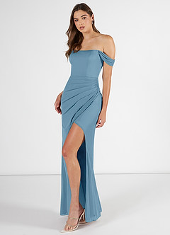 Azazie Kit Bridesmaid Dresses Steel Blue Mermaid Off the Shoulder Mesh Dress image3