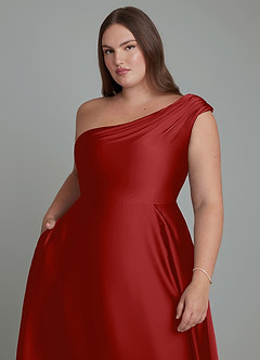Azazie Melanie Bridesmaid Dresses Pomegranate A-Line Off the Shoulder Stretch Satin Dress image12