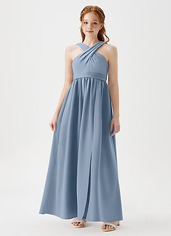 Azazie Jiya Junior Dusty Blue A-Line Pleated Stretch Crepe Dress image4