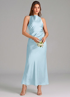 Azazie Evadne Vestidos de damas de honor Vestido de Azul Cielo de Satén Elástico de Corte Recto con Plisado image3