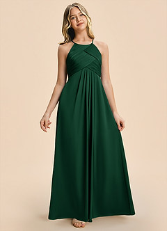 Azazie Ginny Junior Vestido Verde Oscuro de Satén Elástico de Corte en A con Plisado image3
