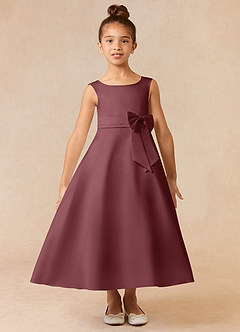 Azazie Lindy vestidos de niña de las flores Vestido de Rosa Del Desierto de Satin Mate de Acampanado con Plisado image2