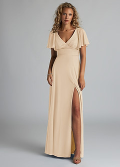 Azazie Induh Bridesmaid Dresses Champagne A-Line Flutter V-neck Mesh Dress image2