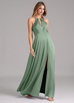 Azazie Evalleen Bridesmaid Dresses Matcha A-Line Pleated Stretch Satin Dress image5