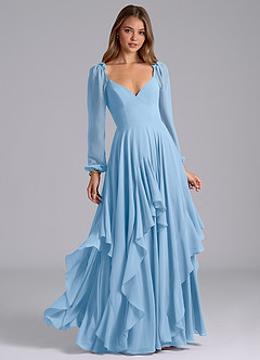 Azazie Karan Bridesmaid Dresses Powder Blue A-Line Long Sleeve Chiffon Dress image1