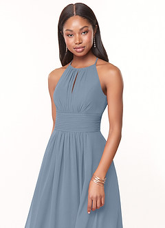Azazie Bonnie Bridesmaid Dresses Dusty Blue A-Line Keyhole Ruched Chiffon Dress image5