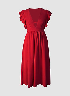Regal Ruffles Red Satin Flutter Sleeve Midi Dress image6