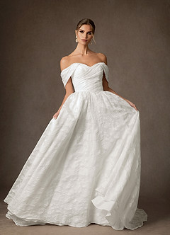Azazie Carmine Wedding Dresses Diamond White A-Line Off the Shoulder Floral Jacquard Dress image4