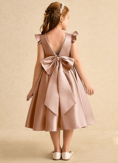 Azazie Dumpling Flower Girl Dresses Champagne Rose A-Line Bow Matte Satin Dress image1