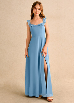 Azazie Chip Girls Formal Abiti da Ragazza di Fiori Abito A-Line in Chiffon Senza Maniche Blu Acciaio image1