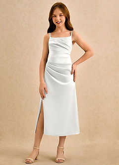 Azazie Canna Girls Formal Blomsterpigekjoler A-Line Plisseret Stræk satin Te-længde Kjole image4