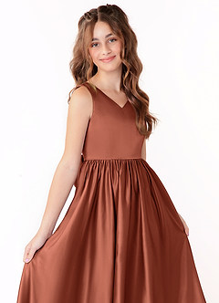 Azazie Hathaway Junior Clay A-Line Bow Stretch Satin Dress image5