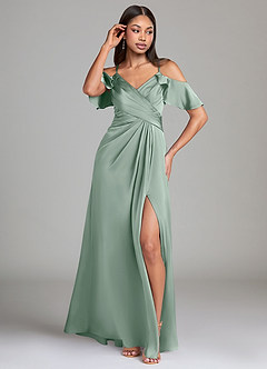 Azazie Dakota Bridesmaid Dresses Agave A-Line Off the Shoulder Stretch Satin Dress image4