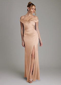 Azazie Teyana Bridesmaid Dresses English Rose Sheath Off the Shoulder Stretch Satin Dress image1