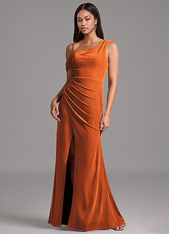 Azazie Madelyn Bridesmaid Dresses Burnt Orange Sheath One Shoulder Velvet Dress image4