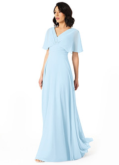 Azazie Pamela Vestidos de damas de honor Vestido de Azul Cielo de Gasa de Corte en A con Cuello en V plisado image3