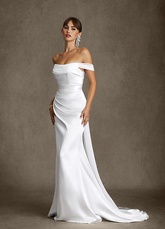 Azazie Darlene Wedding Dresses Diamond White Mermaid Off the Shoulder Metallic Satin Dress image7