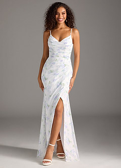 Azazie Deandra Bridesmaid Dresses Blue Vintage Floral Mermaid Pleated Chiffon Dress image1