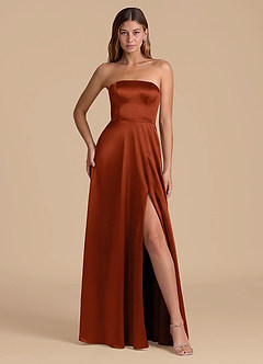 Azazie Wren Jurken voor bruidsmeisjes Jurk van Metaalachtig Satijn met A-Lijn Strapless Kastanjebruin image4