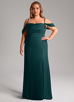 Azazie Saige Bridesmaid Dresses Pine Sheath Off the Shoulder Stretch Satin Dress image15